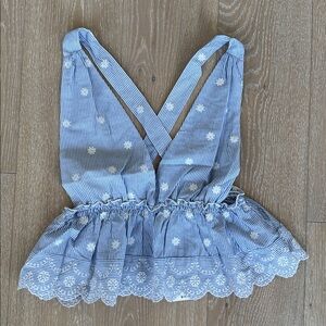 Forever 21 Blue and White Embroidered Striped Halter Scalloped Top. NWT.